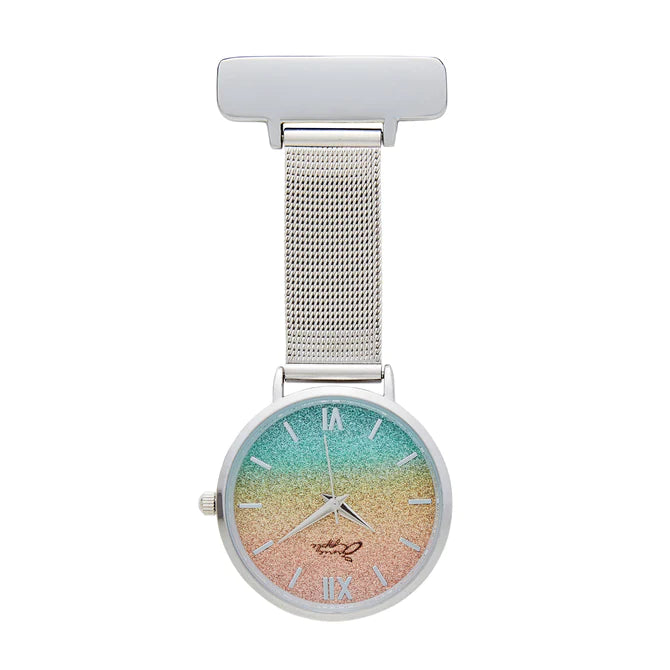 Annie Apple Nurses Fob Watch - Aurora - Silver & Rainbow - Mesh - 35mm - Annie Apple