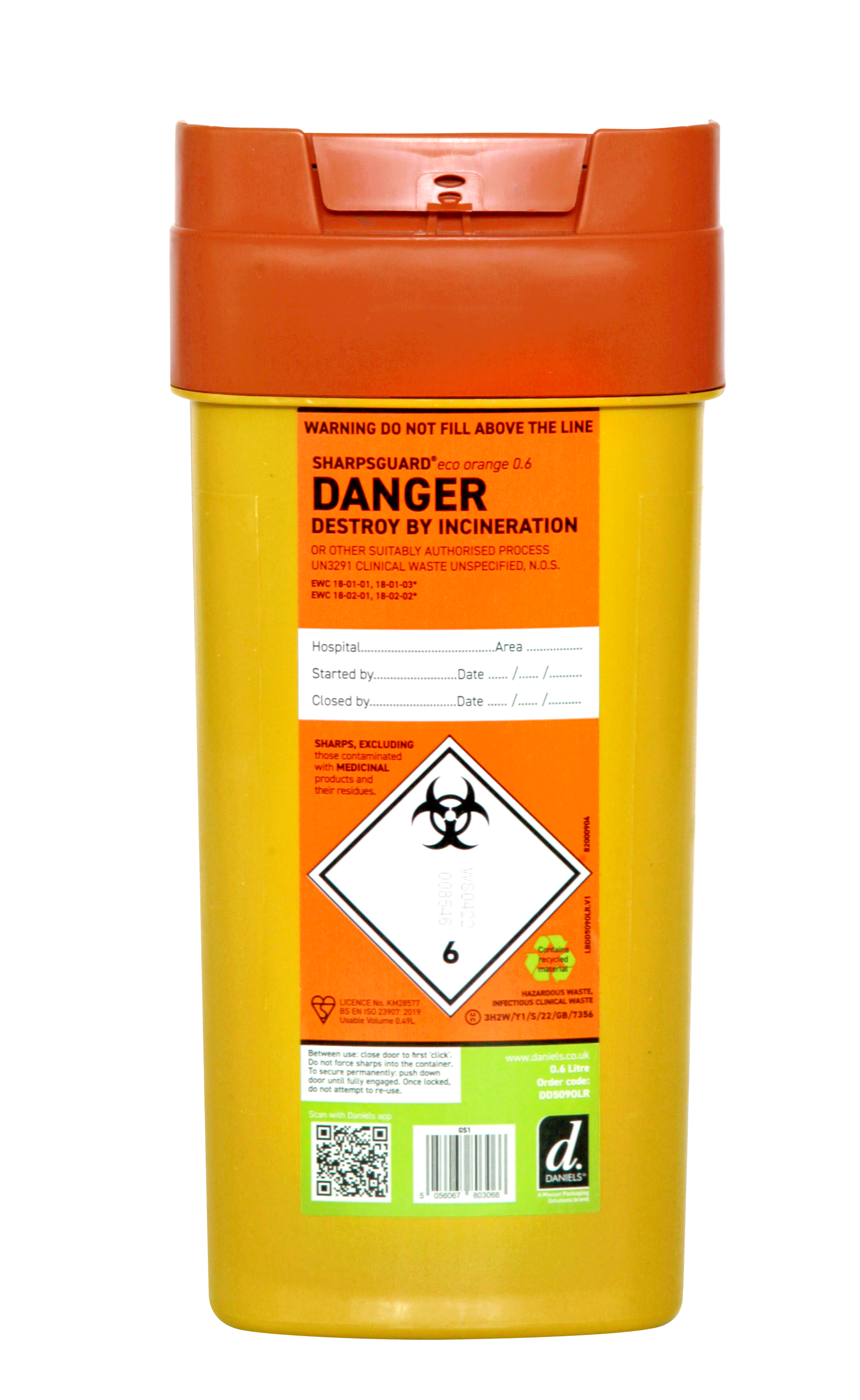 Sharpsguard Orange 0.6 Ltr Sharps Bin - Daniels