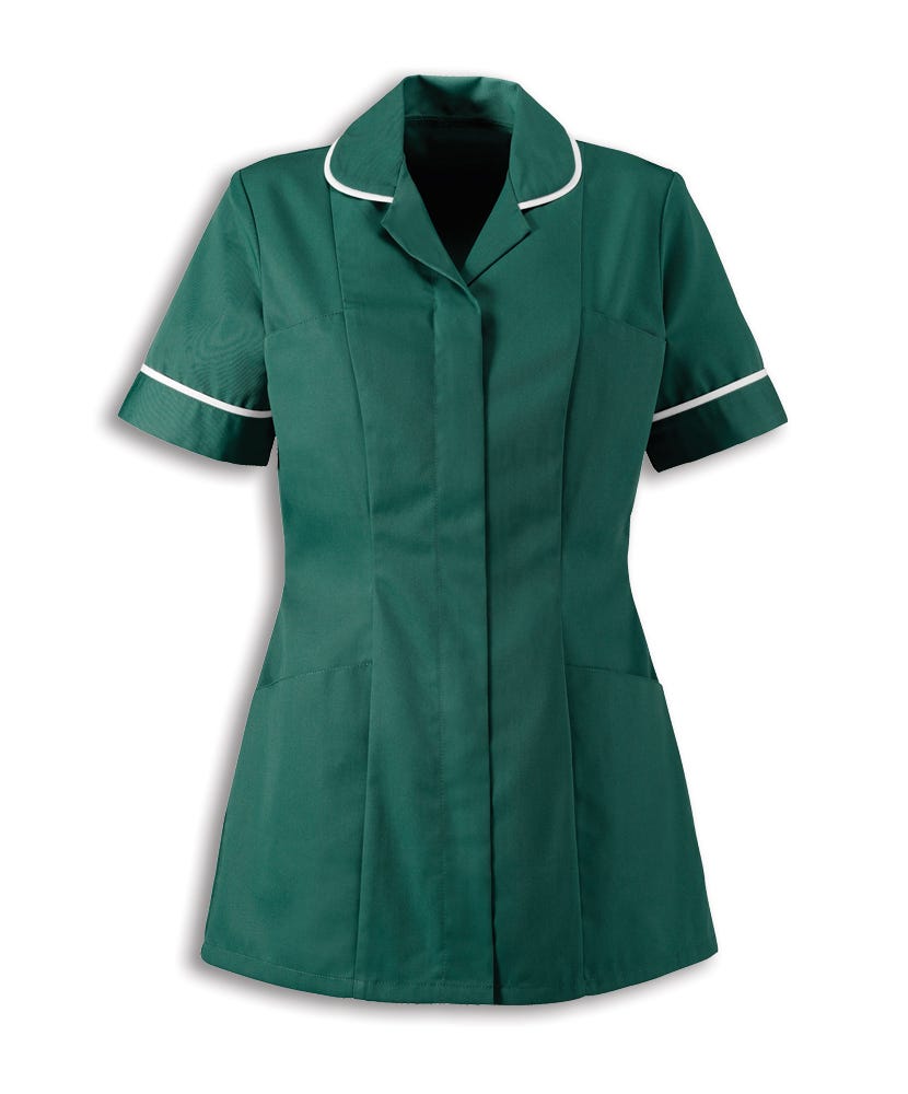 Traditional Nurses Tunic with Contemporary Cut - Bottle Green & White Trim - Alexandra