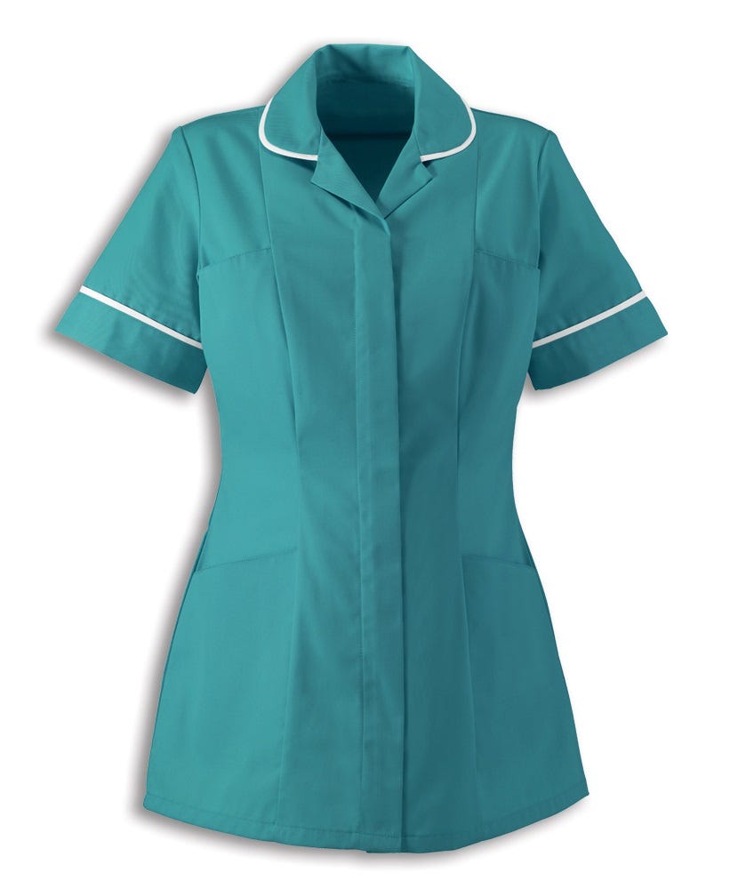 Traditional Nurses Tunic with Contemporary Cut - Turquoise & White Trim - Alexandra