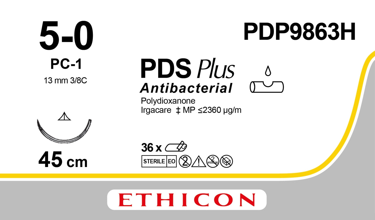 PDP9863H Antibacterial Suture Undyed 5-0 45cm PDS Plus 13mm 3/8 Conventional Cutting PC - Ethicon