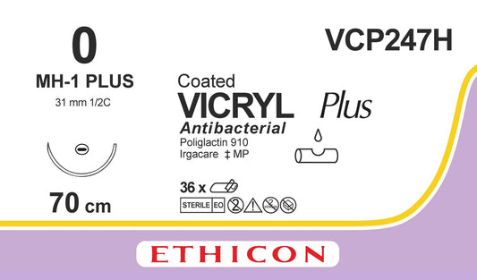 Vicryl Plus Sutures, Braided, Voilet, 0, 70cm, 1x T/Point plus, 31mm,1/2C - Box of 36 - Ethicon