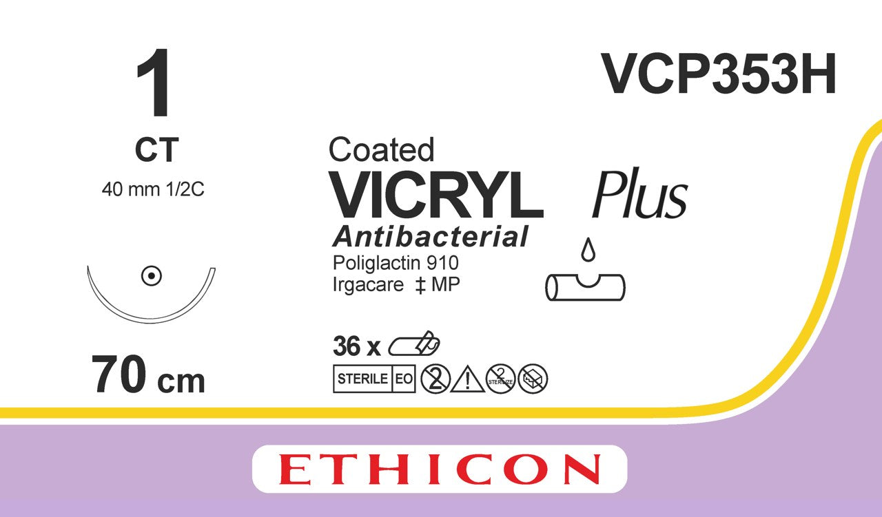 VICRYL Suture PLUS - Braided - Violet - 1 - 70cm - 1 x Taperpoint - 40mm - 1/2C - 36 - Ethicon