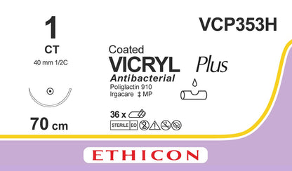 VICRYL Suture PLUS - Braided - Violet - 1 - 70cm - 1 x Taperpoint - 40mm - 1/2C - 36 - Ethicon