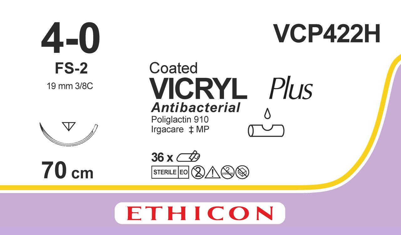 VCP422H Vicryl Plus Undyed 4-0 70cm 19mm 3/8 Reverse Cutting - Ethicon