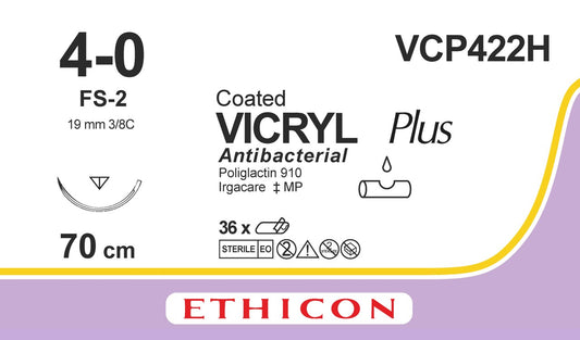 VCP422H Vicryl Plus Undyed 4-0 70cm 19mm 3/8 Reverse Cutting - Ethicon