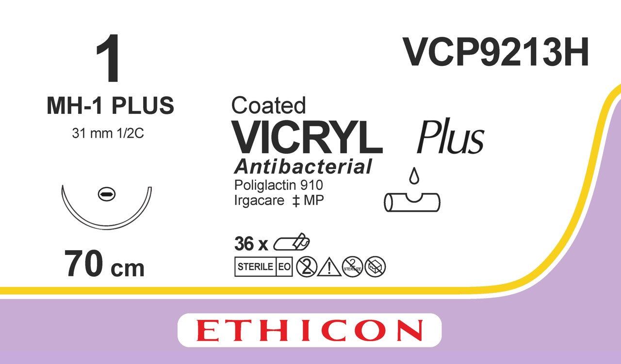 Vicryl Plus Sutures, Braided, Violet, 1, 70cm, 1xT/Point Plus, 31mm, 1/2C - Box of 36 - Ethicon