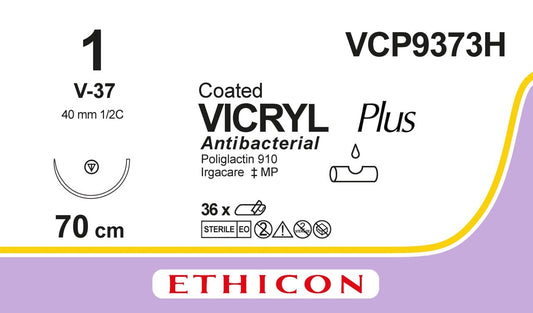 Vicryl Plus Sutures, Braided, Violet, 1, 70cm, 1xTaperpoint,4mm, 1/2C - Box of 36 - Ethicon