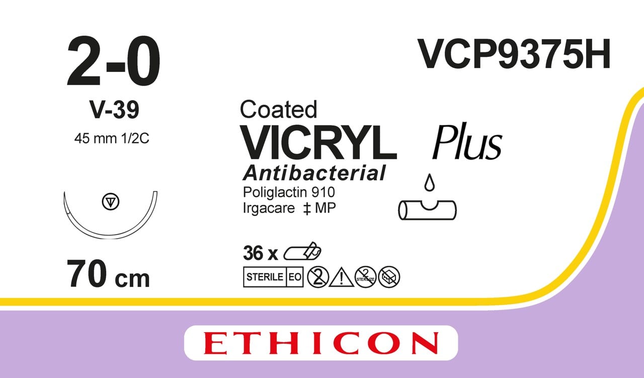 Coated Vicryl Plus Antibacterial Suture, Violet, 2-0, 70cm, 1xV-39 - Box of 36 - Ethicon