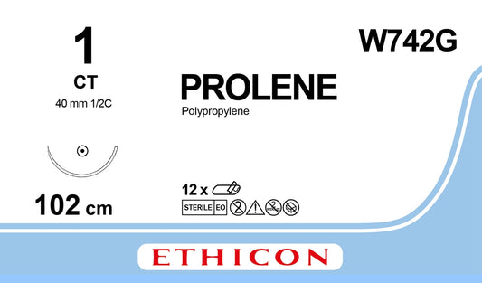 Prolene Sutures, Monfilament, Blue, 1, 100cm, 1xT/Point, 40mm, 1/2C - Box of 12 - Ethicon