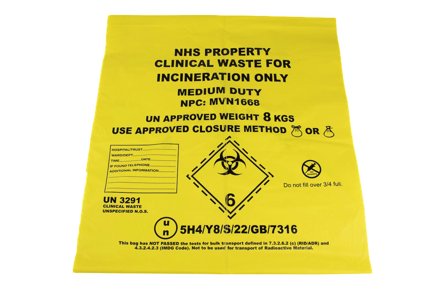 Yellow - Medium Duty Clinical Waste Bag - Large 90L - Roll of 25 - GV Health