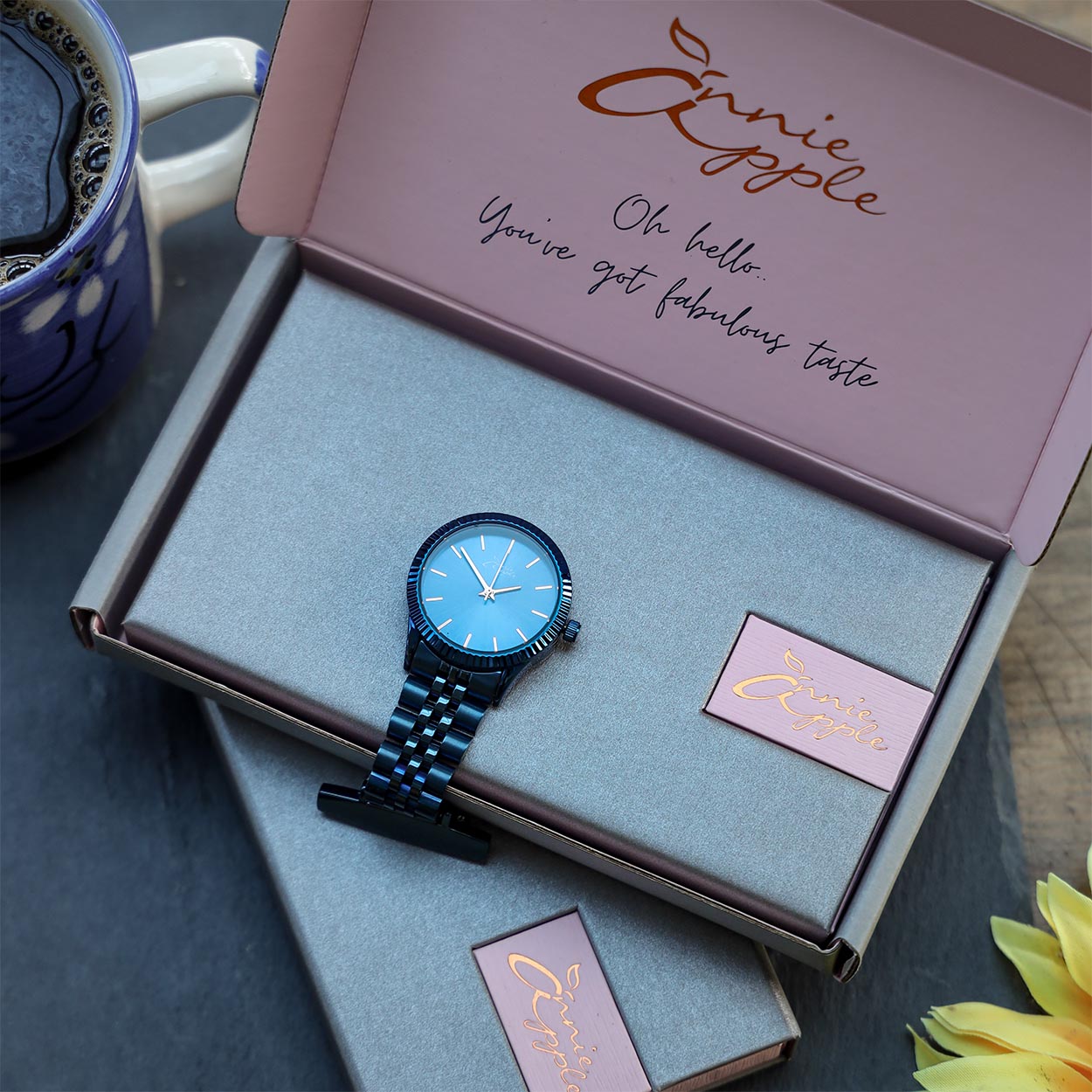 Annie Apple Nurses Fob Watch - Meraki - Rose Gold/Blue - Mesh - 35mm - Annie Apple