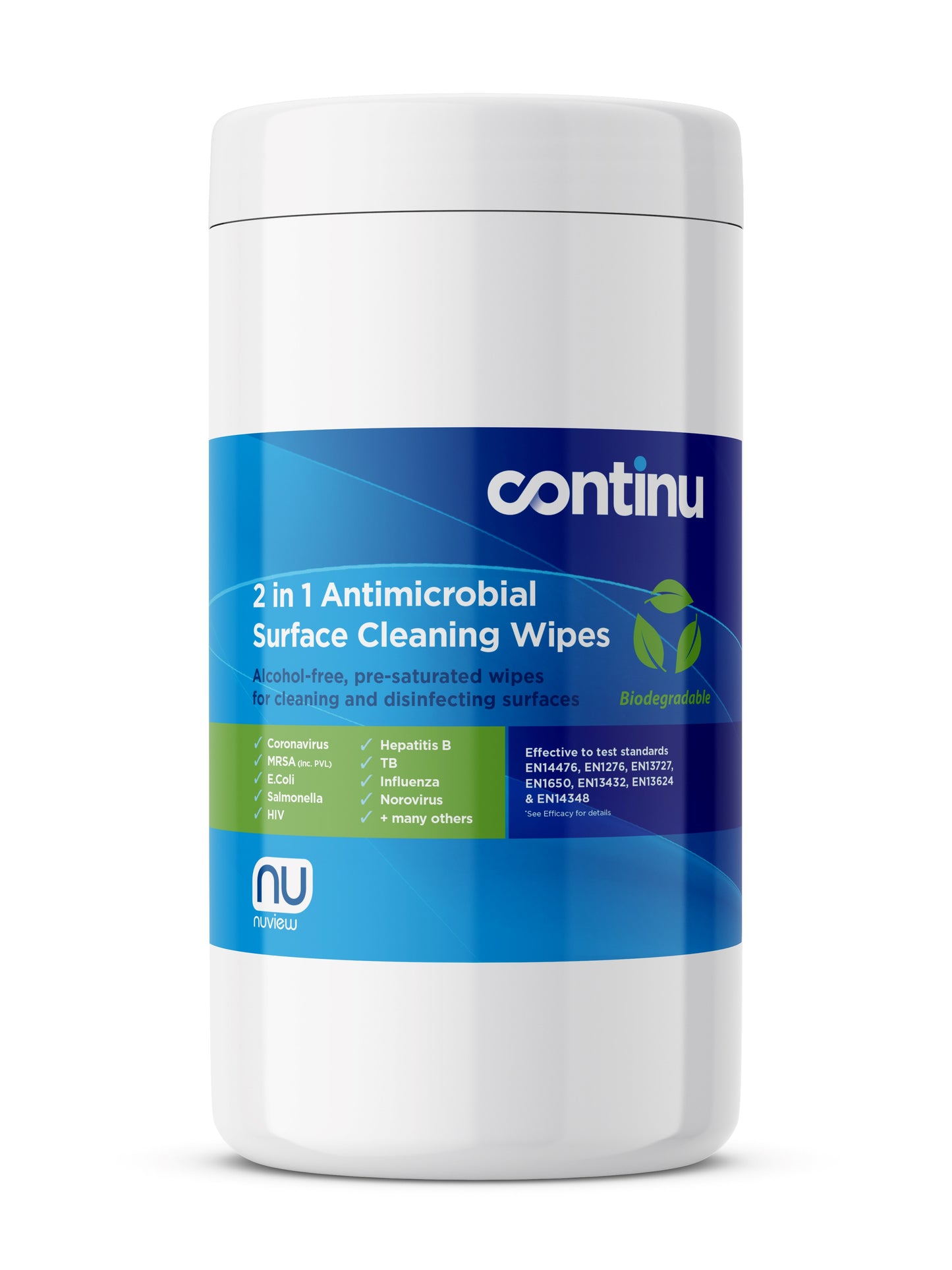 Continu 2 in 1 Biodegradable Wipes - Tub of 100 - Continu