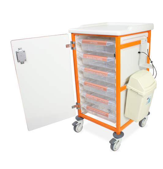 Caretray Trolley - Sepsis - 6x 100mm Trays - Electronic Push Button Lock - Bristol Maid