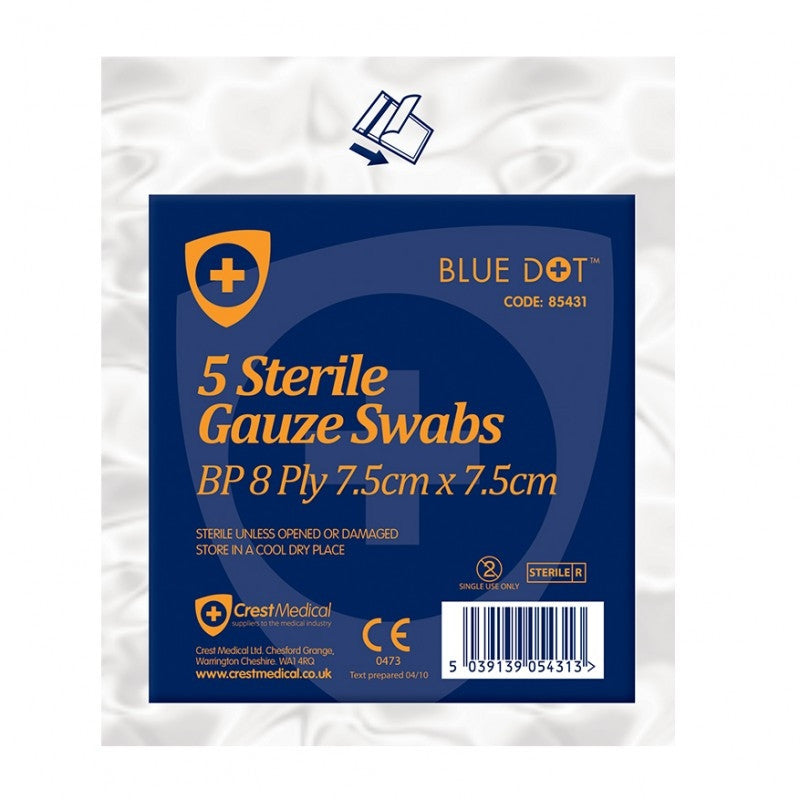 Blue Dot Sterile Gauze Swabs 7.5cm x 7.5cm (Pack 5) - Blue Dot