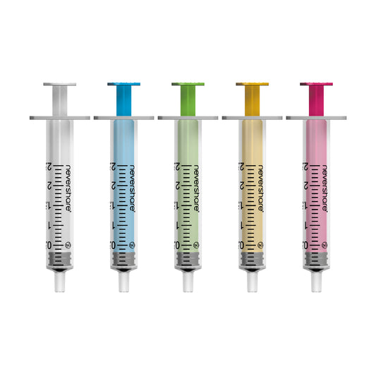 2ml Nevershare Syringe Mixed Colours Leur Slip X 100 (20 Of Each Colour) - Exchange Supplies