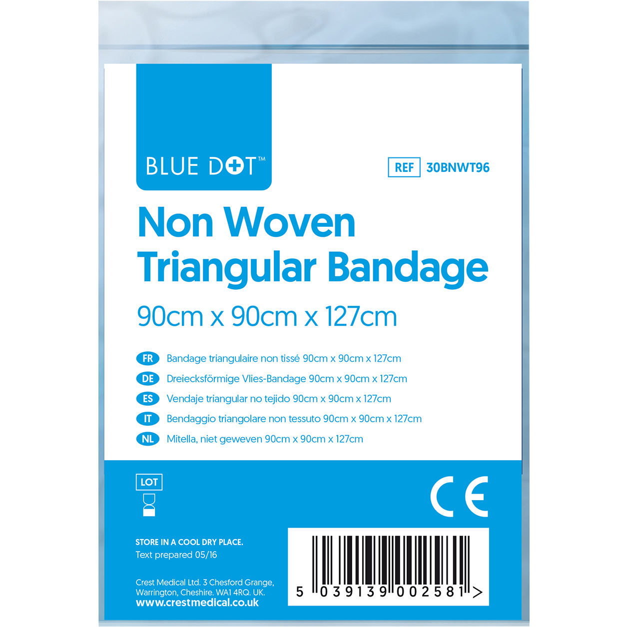 Blue Dot Non-Woven Triangular Bandage 90cm x 90cm x 127cm (Each) - Blue Dot