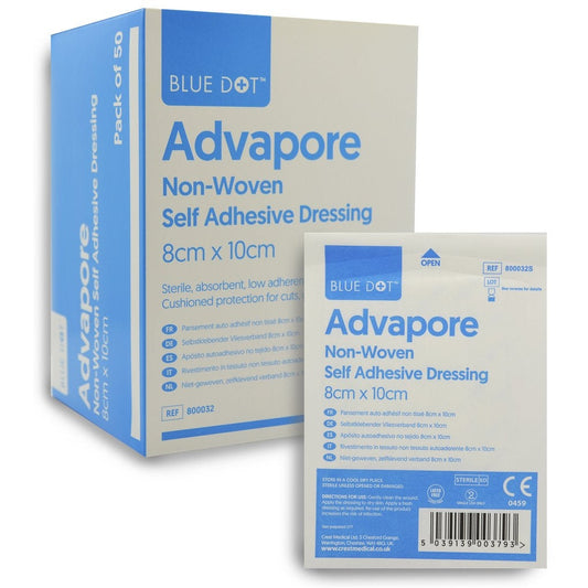 Advapore Fabric Non-Woven Adhesive Wound Dressing 8cm x 15cm (Box 50) - Blue Dot