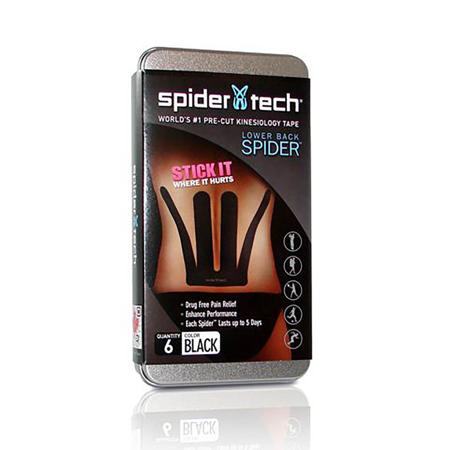 Spidertech Precut Kinesio Tape Lower Back 6 Pack Black - Spidertech