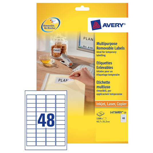 Avery Removable Labels 48 Per Sheet White (Pack of 1200) L4736REV-25