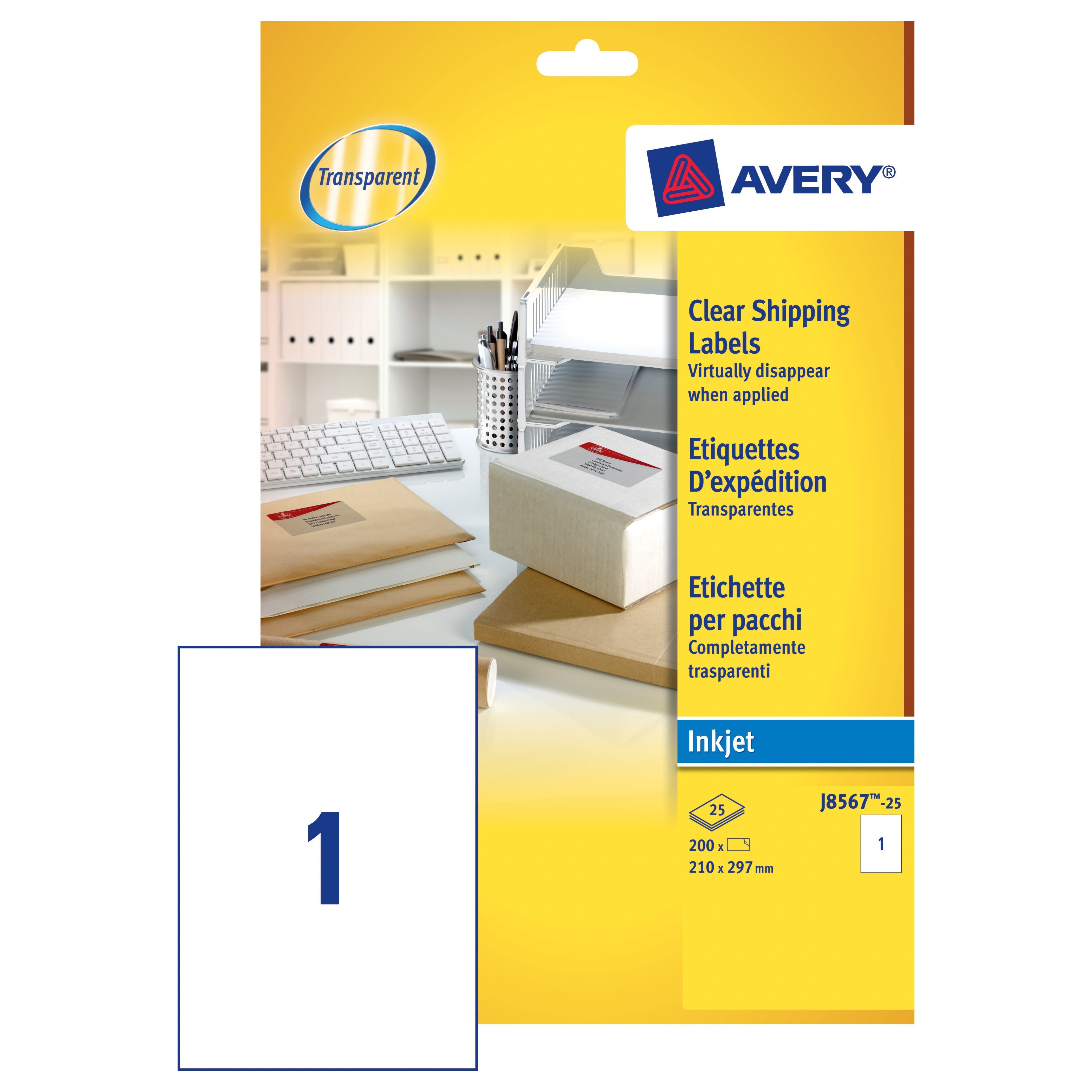 Avery Inkjet Shipping Label 210x297 Clear (25) J8567-25 – Medisave UK