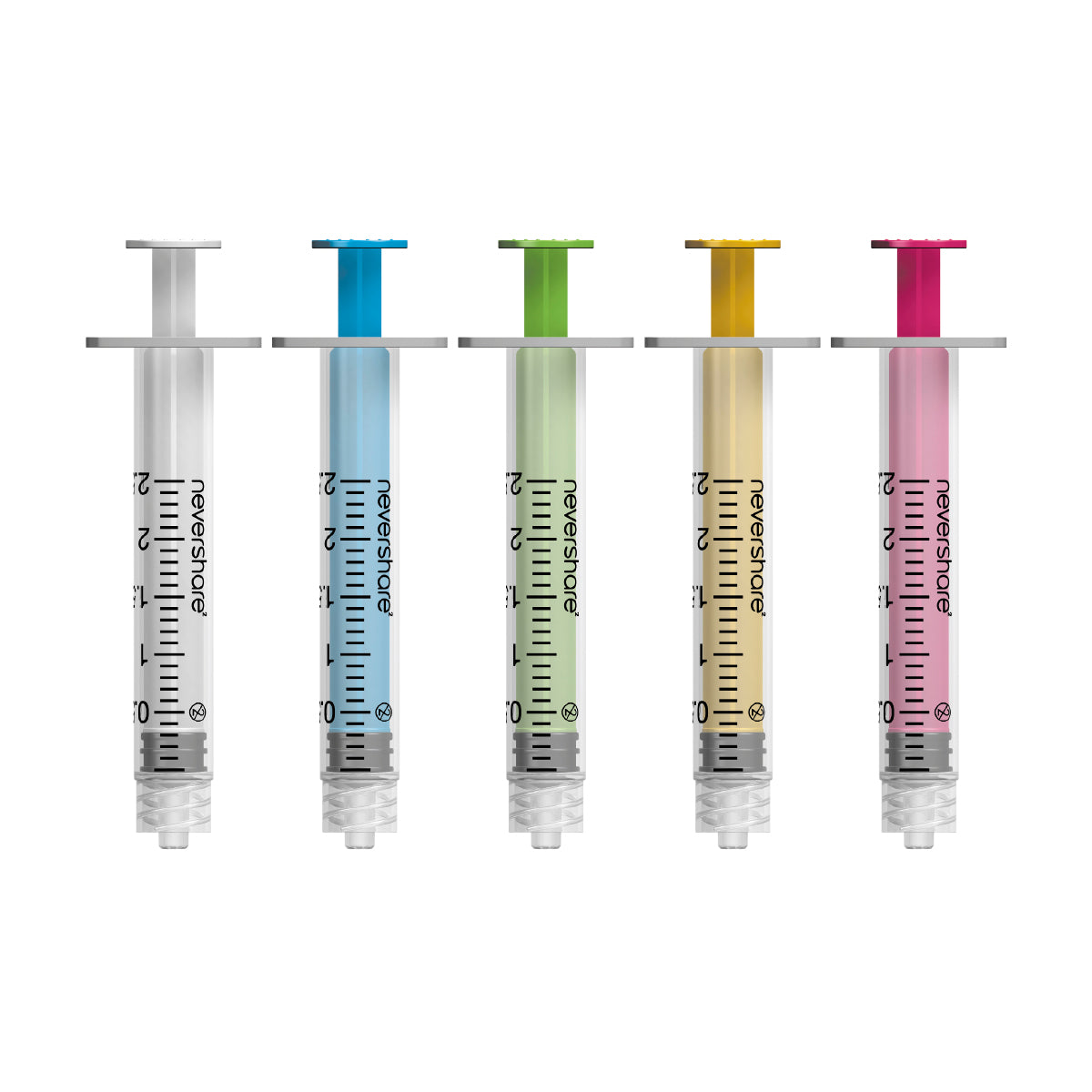 2ml Nevershare Syringe Mixed Colours Leur Lock X 100 (20 Of Each Colour) - Exchange Supplies