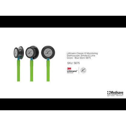 Littmann Classic III Monitoring Stethoscope: Smoke & Lime Green - Blue Stem 5875 - Littmann Stethoscopes