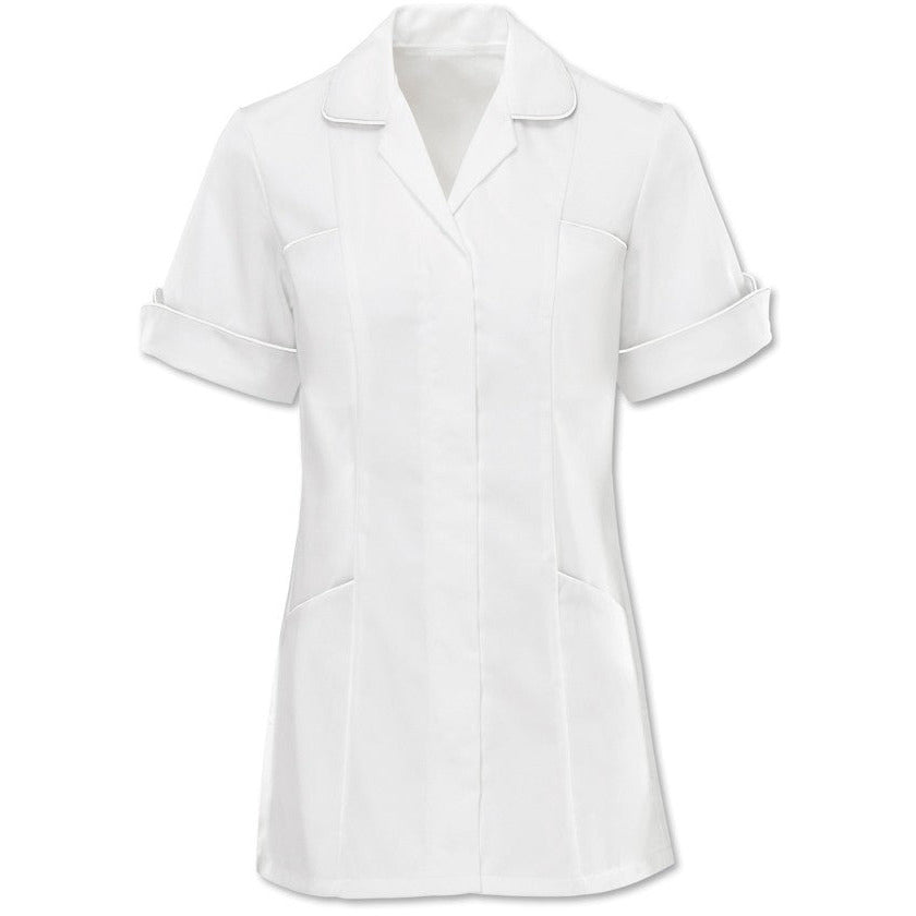Women's White Tunic with Contrasting Trim & Turned Back Cuffs - 