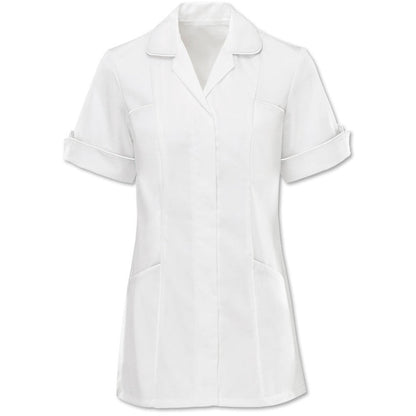 Women's White Tunic with Contrasting Trim & Turned Back Cuffs - 