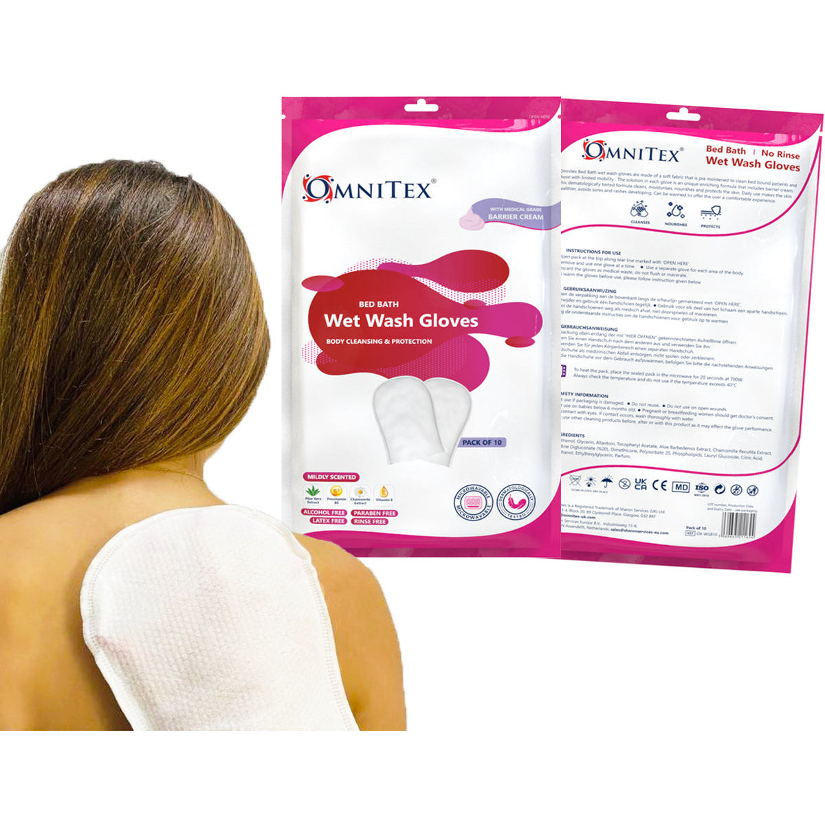 Omnitex Bed Bath Wash Gloves with Barrier Cream - Pack of 10 - Omnitex